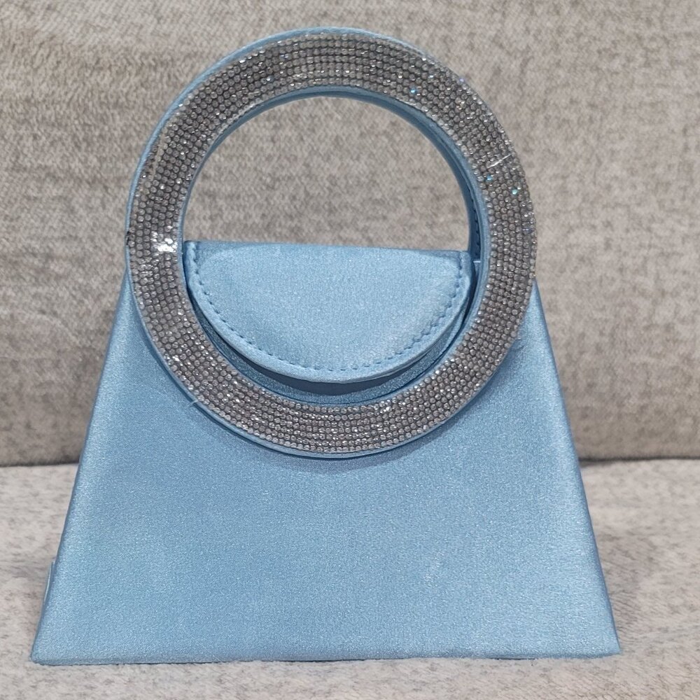 Baby Blue Satin Trapezoidal Clutch with Sparkling Rhinestone Round Handle